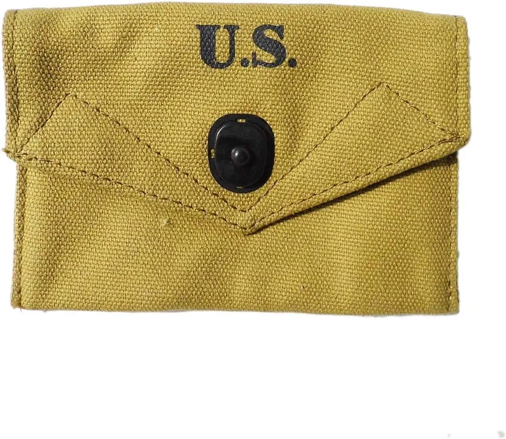 WW2 US Army Military Cotton Canvas Belt Webbing with WW2 U.S Army First Aid Pouch with Hook M1 Set SEMS M1943 - Khaki