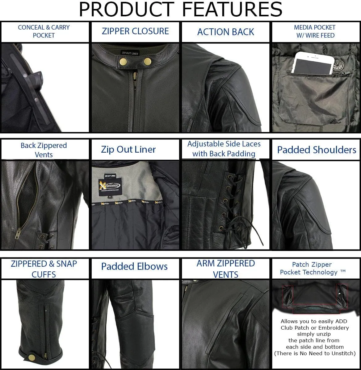 Xelement B7201 'Speedster' Men's Black Top Grade Leather Motorcycle Jacket