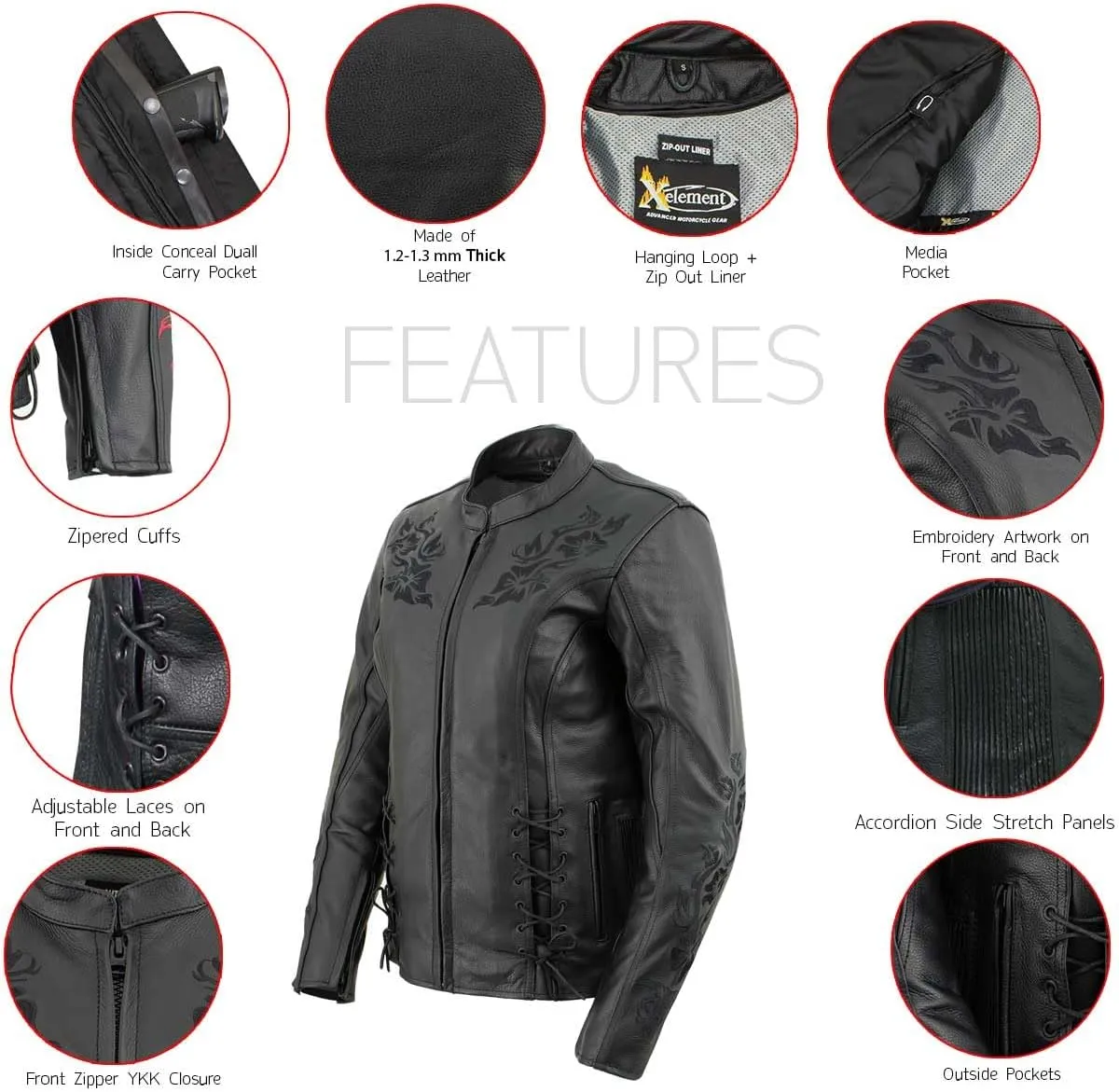 Xelement XS2030 'Gemma' Women's Leather Street Bike Motorcycle Jacket