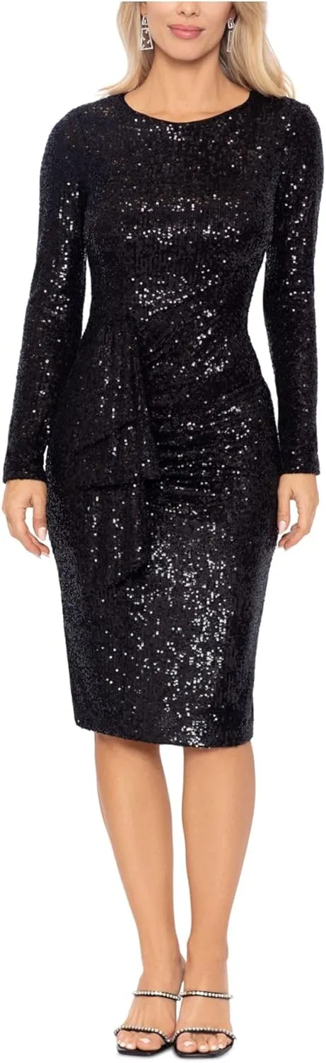 Xscape Womens Black Sequined Zippered Vented Drape Detail Gathered Lin Long Sleeve Jewel Neck Knee Length Cocktail Sheath Dress 4