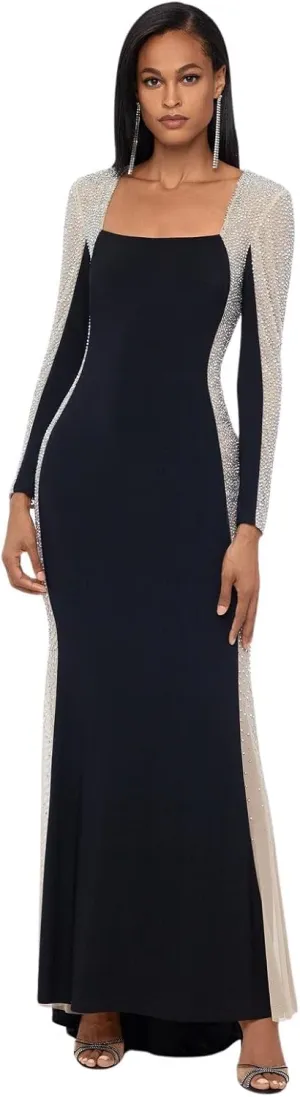 Xscape Women's Long Sleeve Square Neck Caviar Beaded Mesh Panels Dress (Standard & Petite), Black Nude Silver, 14 Petite