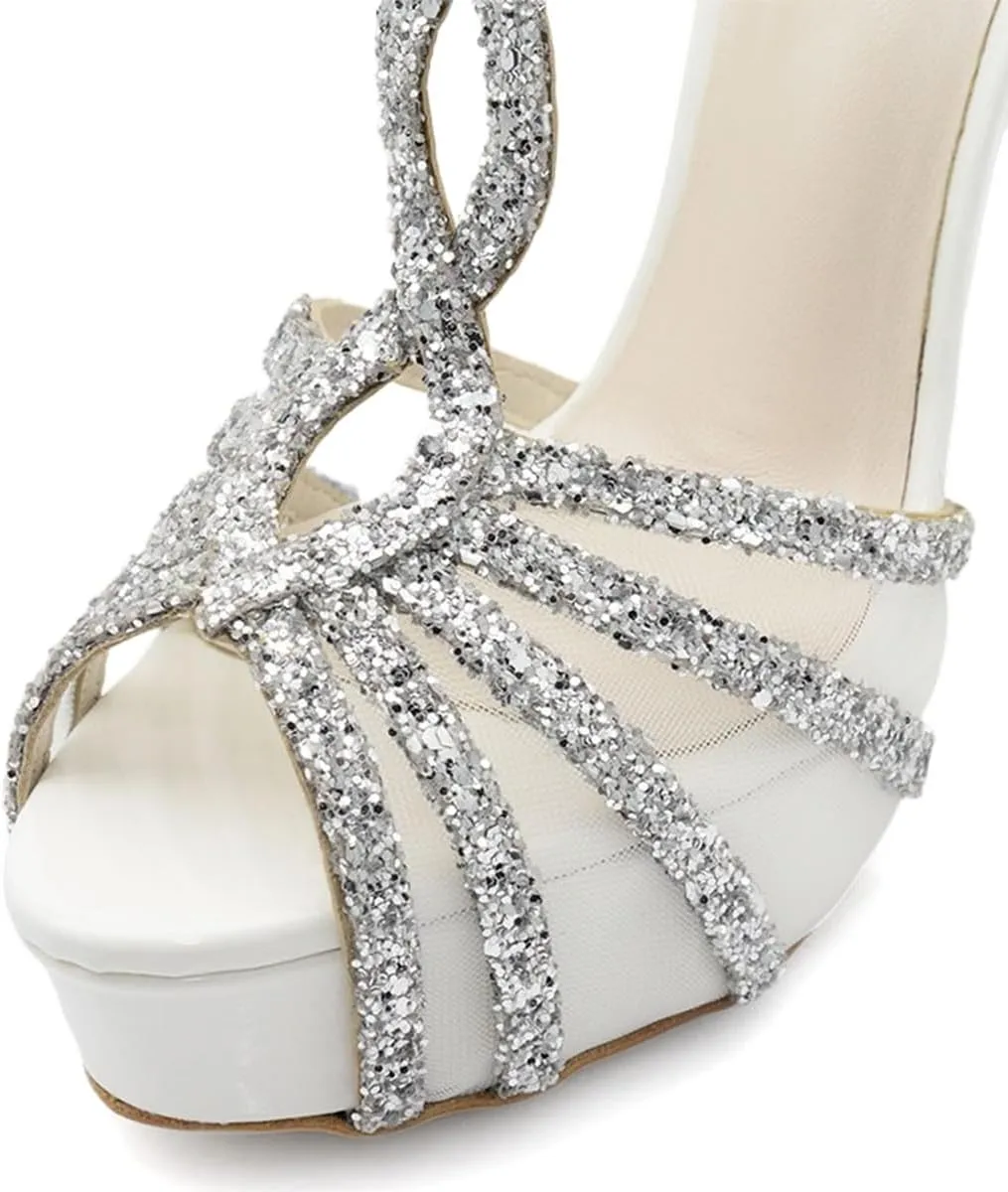 XYD Women Glitter Sequin Straps Stiletto Heel Sandals Open Toe Ankle Strappy Mesh Pumps Shoes for Party Wedding