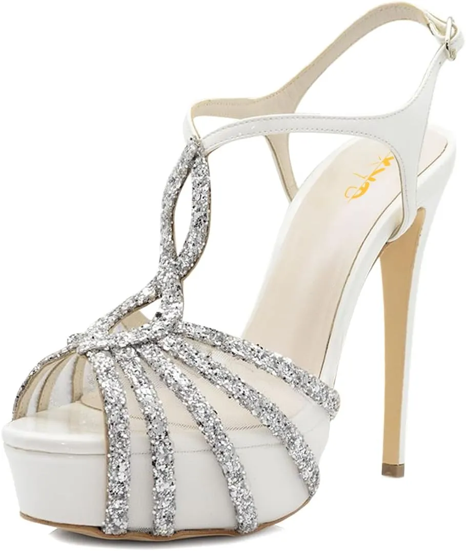 XYD Women Glitter Sequin Straps Stiletto Heel Sandals Open Toe Ankle Strappy Mesh Pumps Shoes for Party Wedding