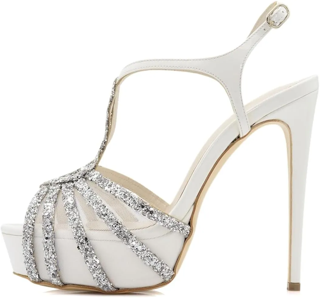 XYD Women Glitter Sequin Straps Stiletto Heel Sandals Open Toe Ankle Strappy Mesh Pumps Shoes for Party Wedding