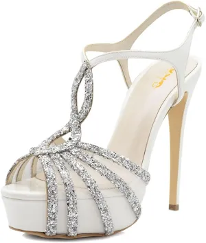 XYD Women Glitter Sequin Straps Stiletto Heel Sandals Open Toe Ankle Strappy Mesh Pumps Shoes for Party Wedding