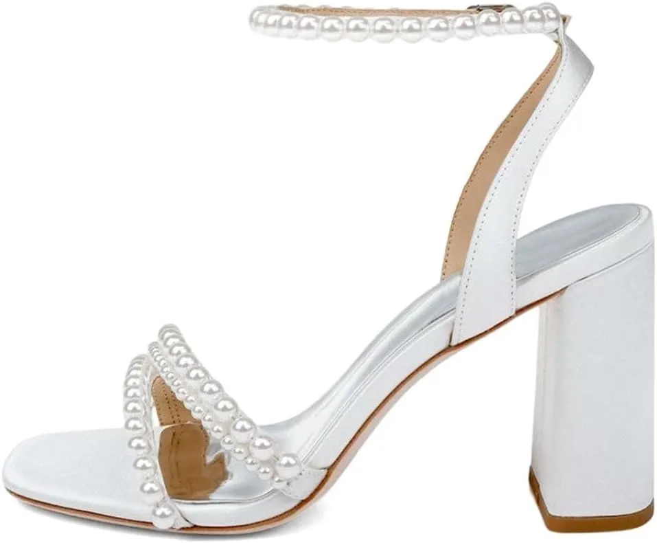 XYD Women's Pearl Strappy Bridal Open Toe Sandals Block High Heels Ankle Strap Dress Prom Cocktail Shoes