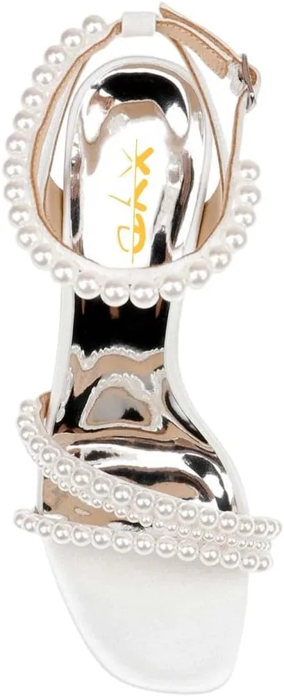 XYD Women's Pearl Strappy Bridal Open Toe Sandals Block High Heels Ankle Strap Dress Prom Cocktail Shoes