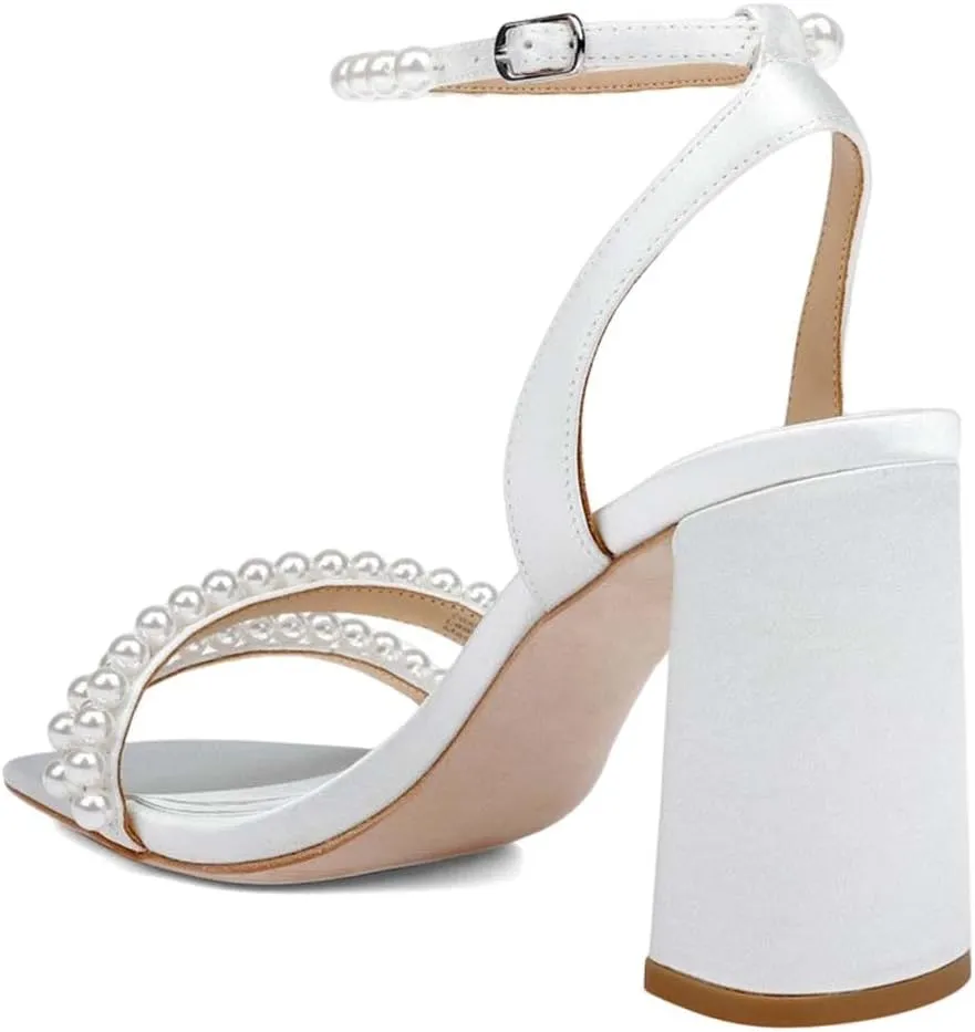 XYD Women's Pearl Strappy Bridal Open Toe Sandals Block High Heels Ankle Strap Dress Prom Cocktail Shoes