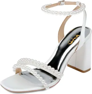 XYD Women's Pearl Strappy Bridal Open Toe Sandals Block High Heels Ankle Strap Dress Prom Cocktail Shoes