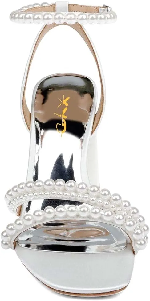 XYD Women's Pearl Strappy Bridal Open Toe Sandals Block High Heels Ankle Strap Dress Prom Cocktail Shoes