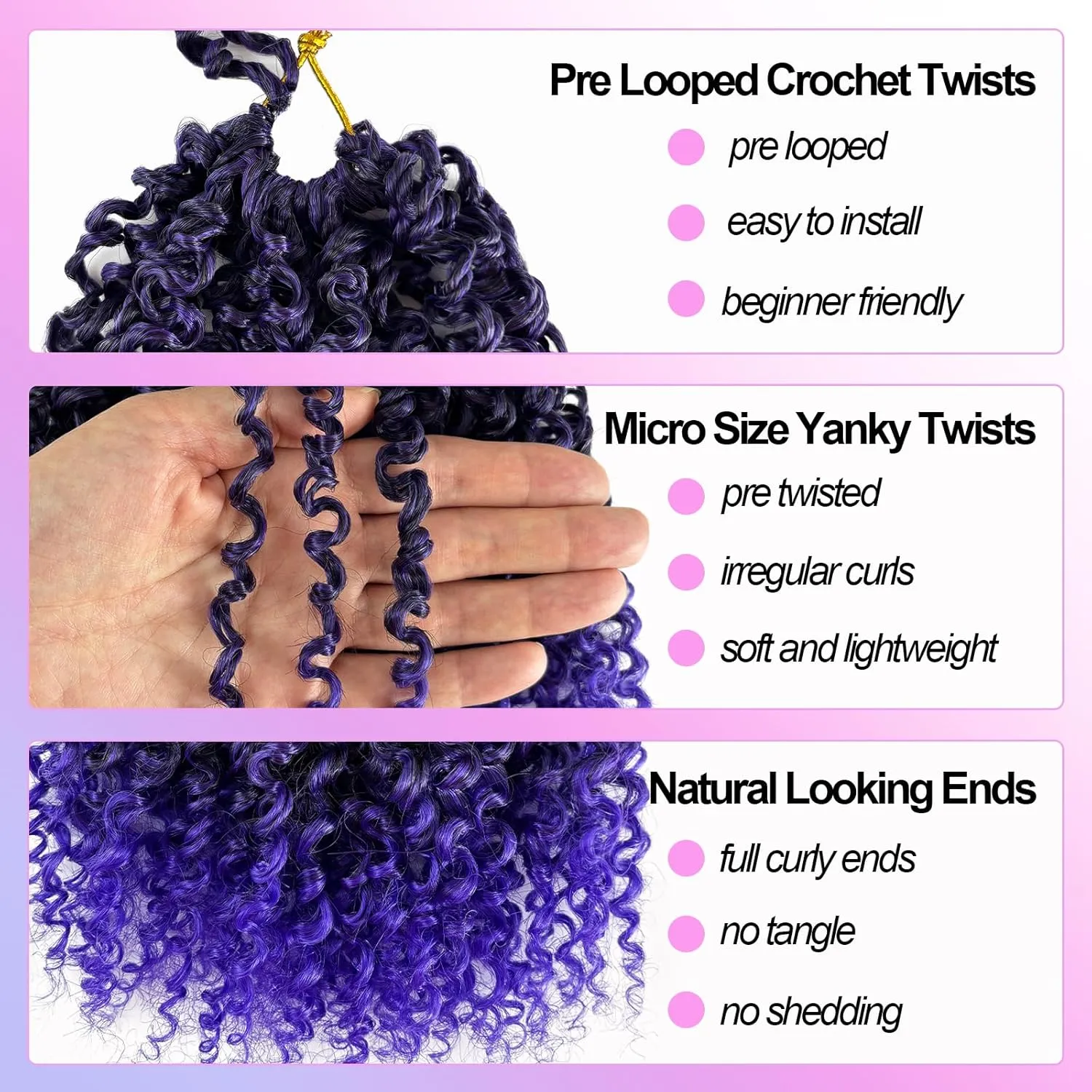 Yanky Twists Crochet Braids Hair 8 Inch Ombre Purple Pre-twisted Passion Twist Crochet Hair Pre Looped Mini Spring Twists Crochet Hair Short Passion Twist Crochet Hair for Black Women (8in, 1B/Purple)