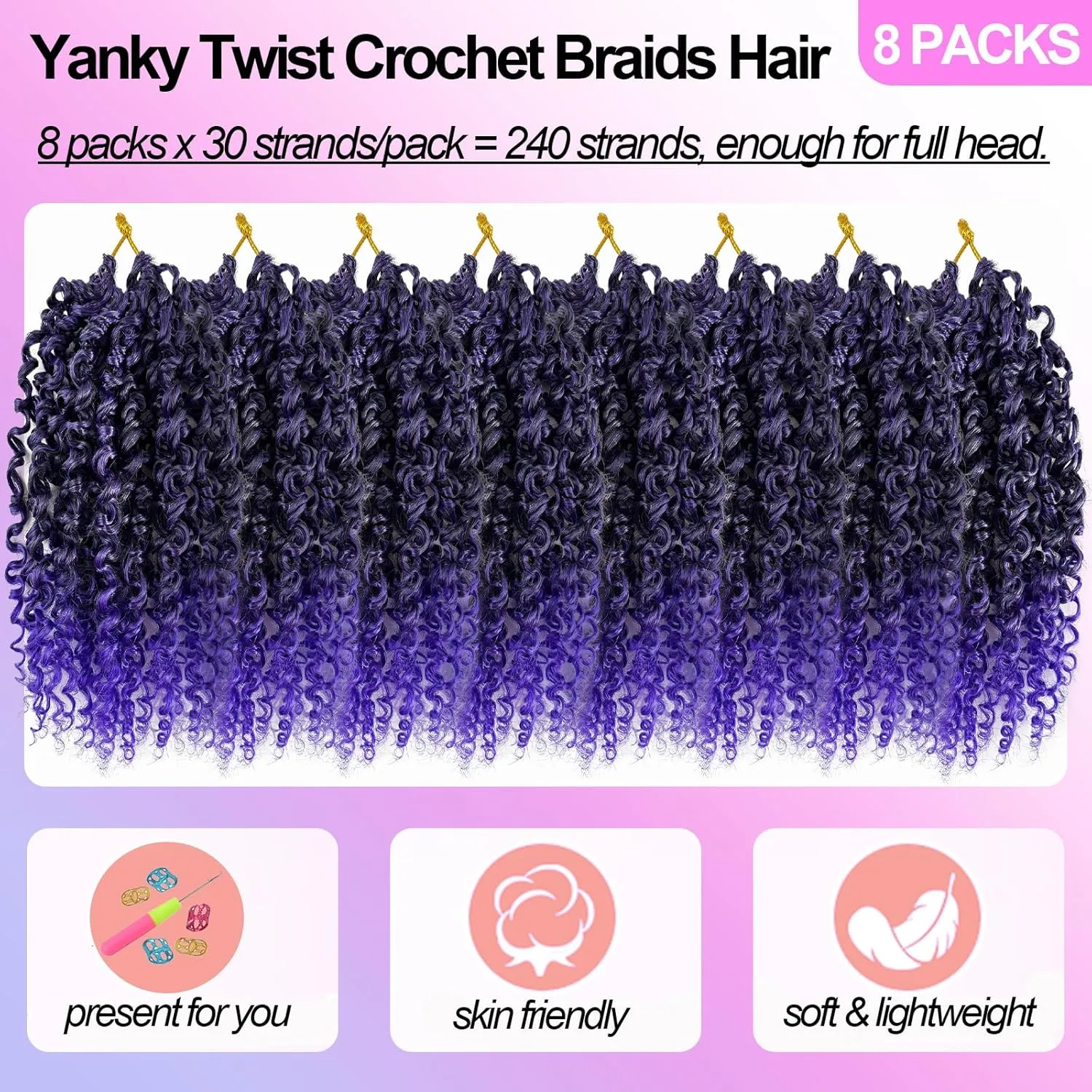 Yanky Twists Crochet Braids Hair 8 Inch Ombre Purple Pre-twisted Passion Twist Crochet Hair Pre Looped Mini Spring Twists Crochet Hair Short Passion Twist Crochet Hair for Black Women (8in, 1B/Purple)