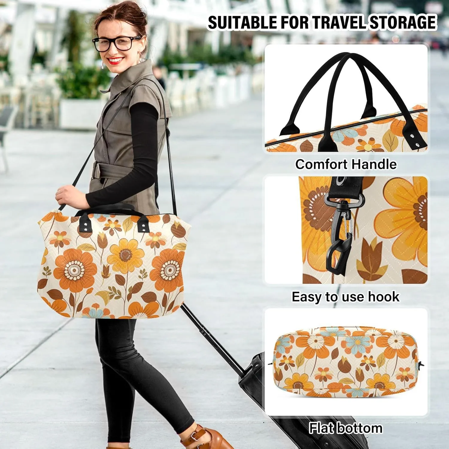 Yellow and Blue Flower Travel Duffle Bag,Large Weekender Travel Bag for Women Men Waterproof Luggage Bag with Trolley Sleeve,Airplane Travel Essentials for Flying