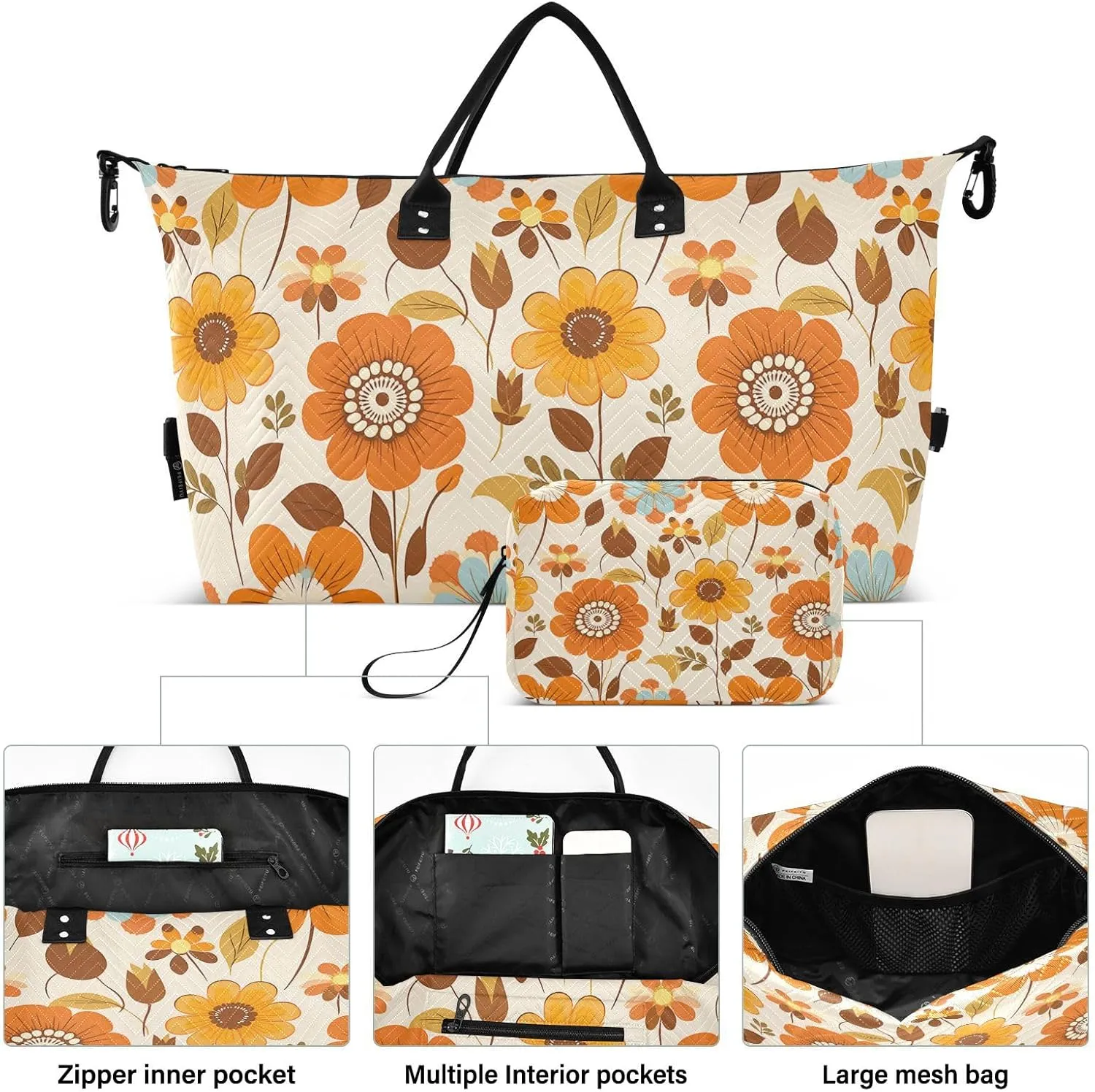 Yellow and Blue Flower Travel Duffle Bag,Large Weekender Travel Bag for Women Men Waterproof Luggage Bag with Trolley Sleeve,Airplane Travel Essentials for Flying