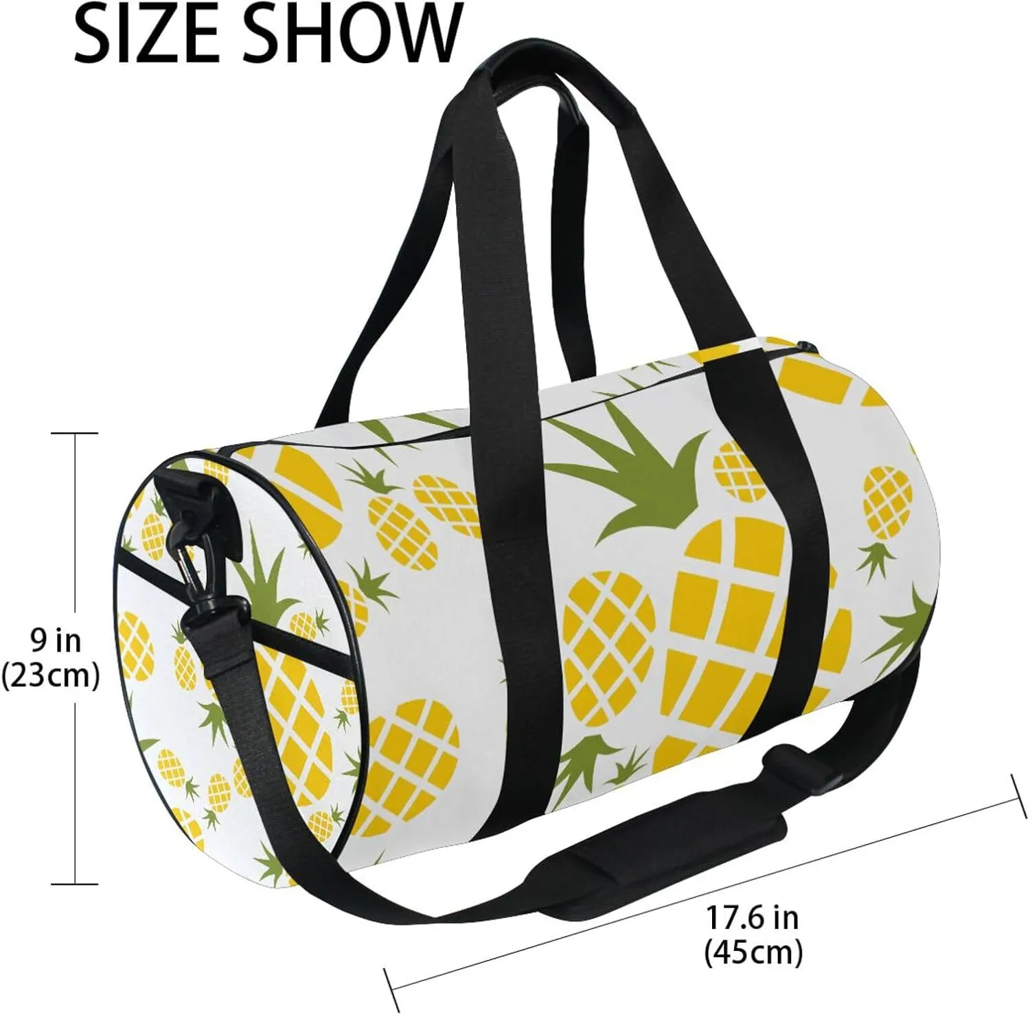 Yellow Pineapples Seamless Pattern on White Portable Gym Bag, Travel Bag, Luggage bag, Sports Bag, Toiletry Bag with Handles, Detachable Shoulder Strap 17.6 x 9 x 9 inch