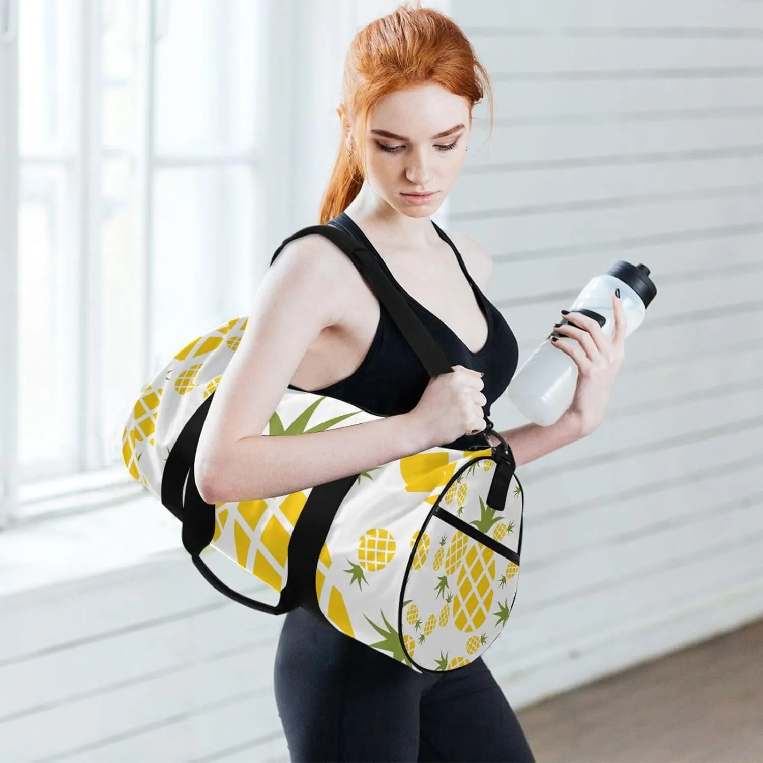 Yellow Pineapples Seamless Pattern on White Portable Gym Bag, Travel Bag, Luggage bag, Sports Bag, Toiletry Bag with Handles, Detachable Shoulder Strap 17.6 x 9 x 9 inch