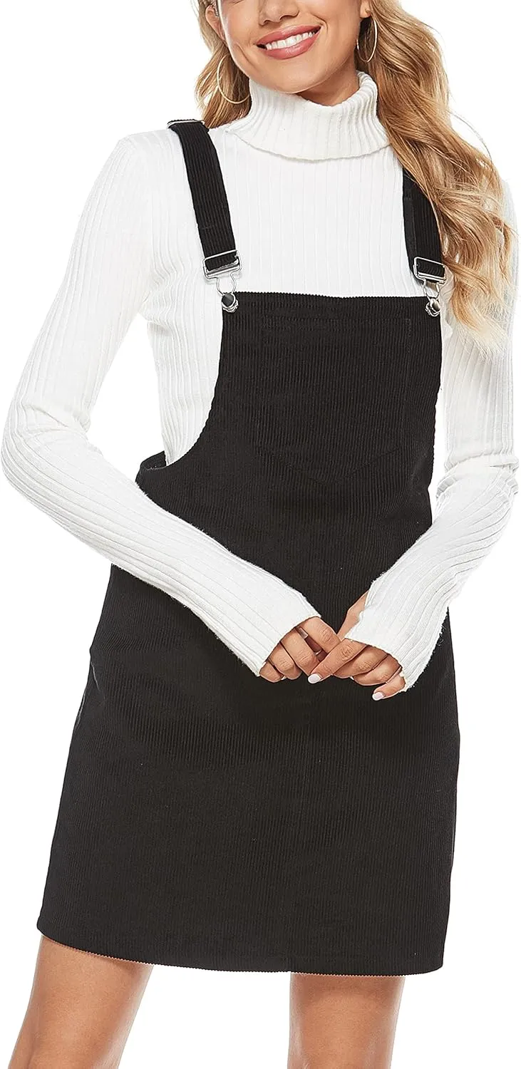 Yeokou Womens Casual Corduroy Bib Knee Length Overalls Pinafore Midi Dress Jumpsuit