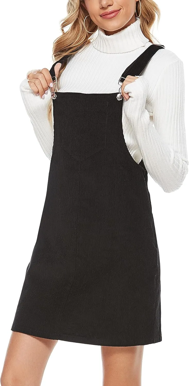Yeokou Womens Casual Corduroy Bib Knee Length Overalls Pinafore Midi Dress Jumpsuit