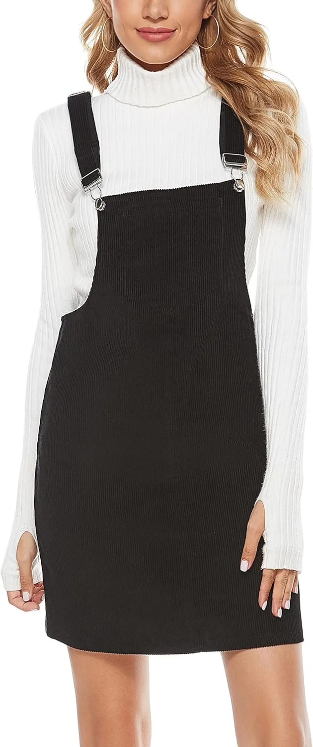 Yeokou Womens Casual Corduroy Bib Knee Length Overalls Pinafore Midi Dress Jumpsuit