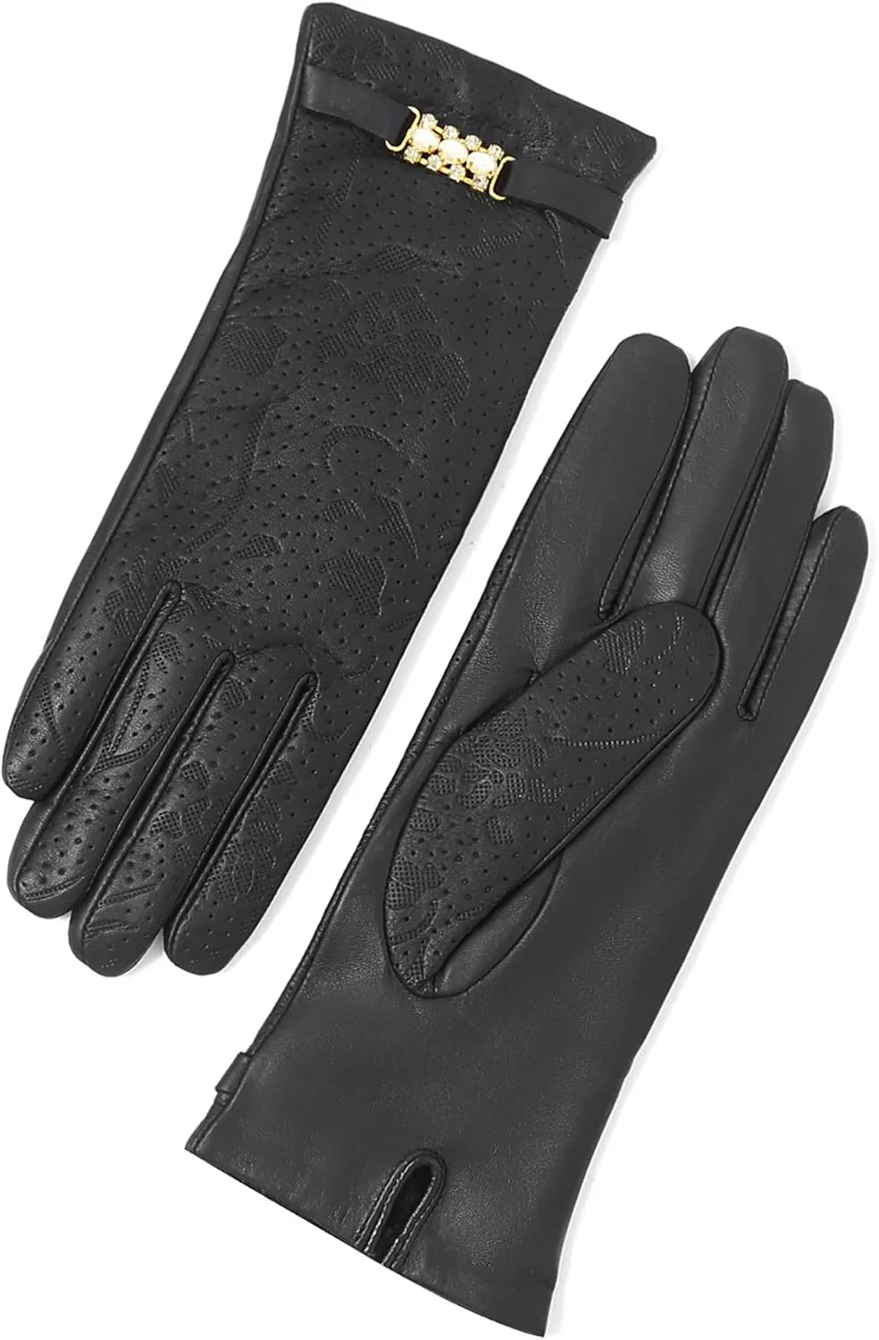 YISEVEN Women’s Sheepskin Leather Gloves with Floral Embroidery and Animal Print