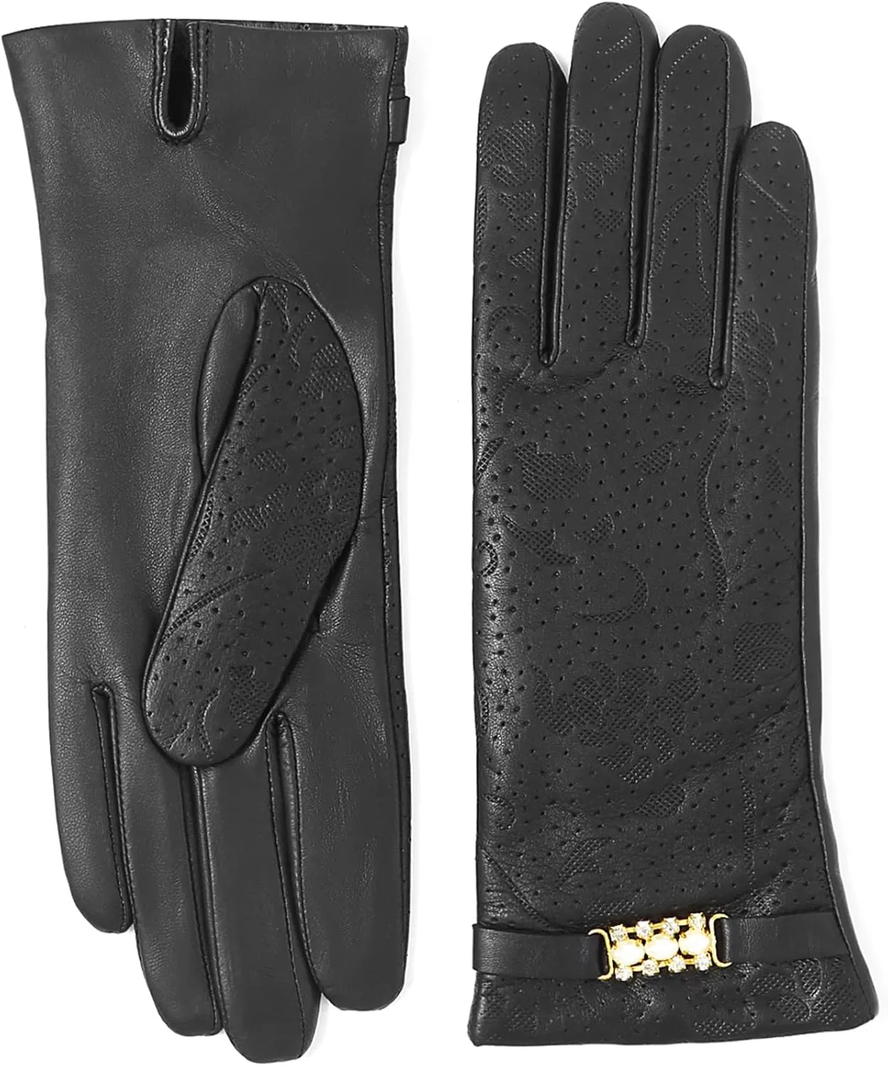 YISEVEN Women’s Sheepskin Leather Gloves with Floral Embroidery and Animal Print